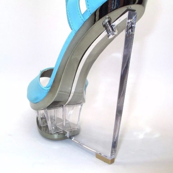 NEW Turquoise Clear Wedge Lucite Ankle Strap Heels - Picture 3 of 4